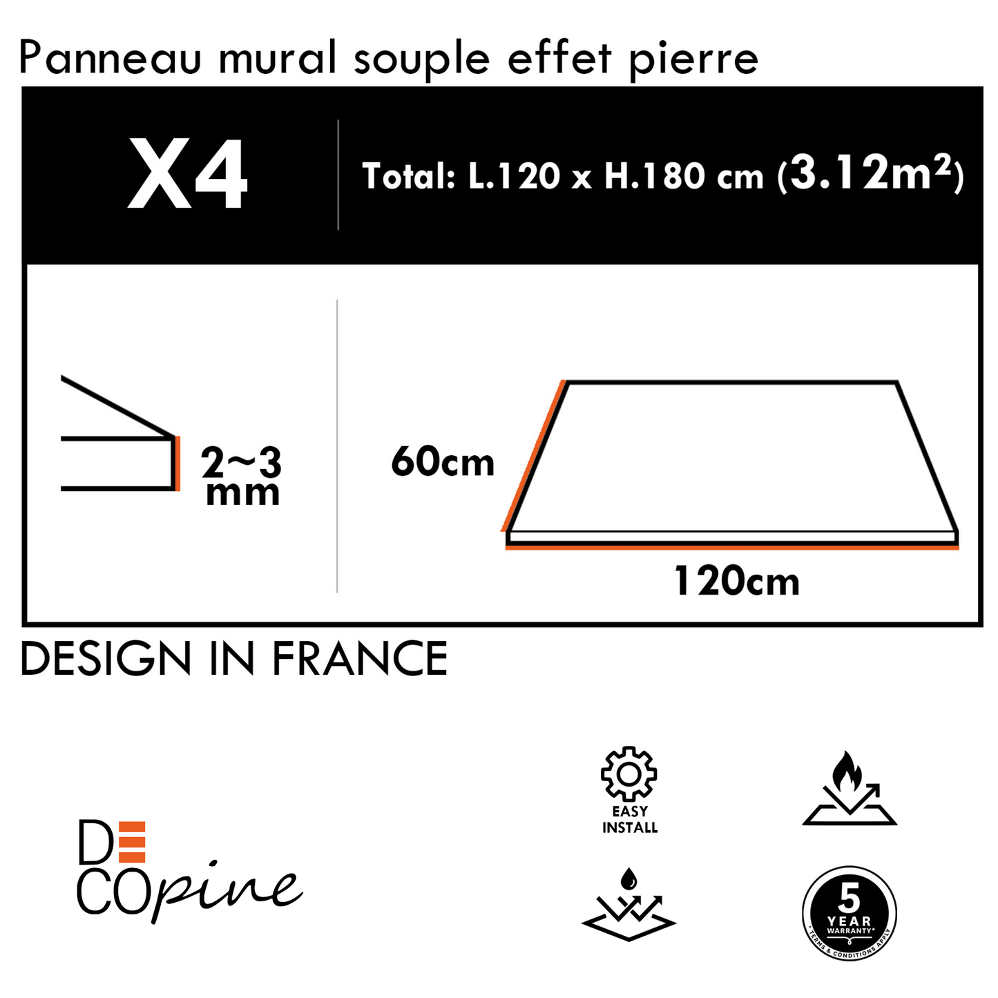 Panneau Mural Souple en Pierre Naturelle – Effet Travertin Gris Beige – 60×120 cm – Lot de 4 – Decopine - B01TB02