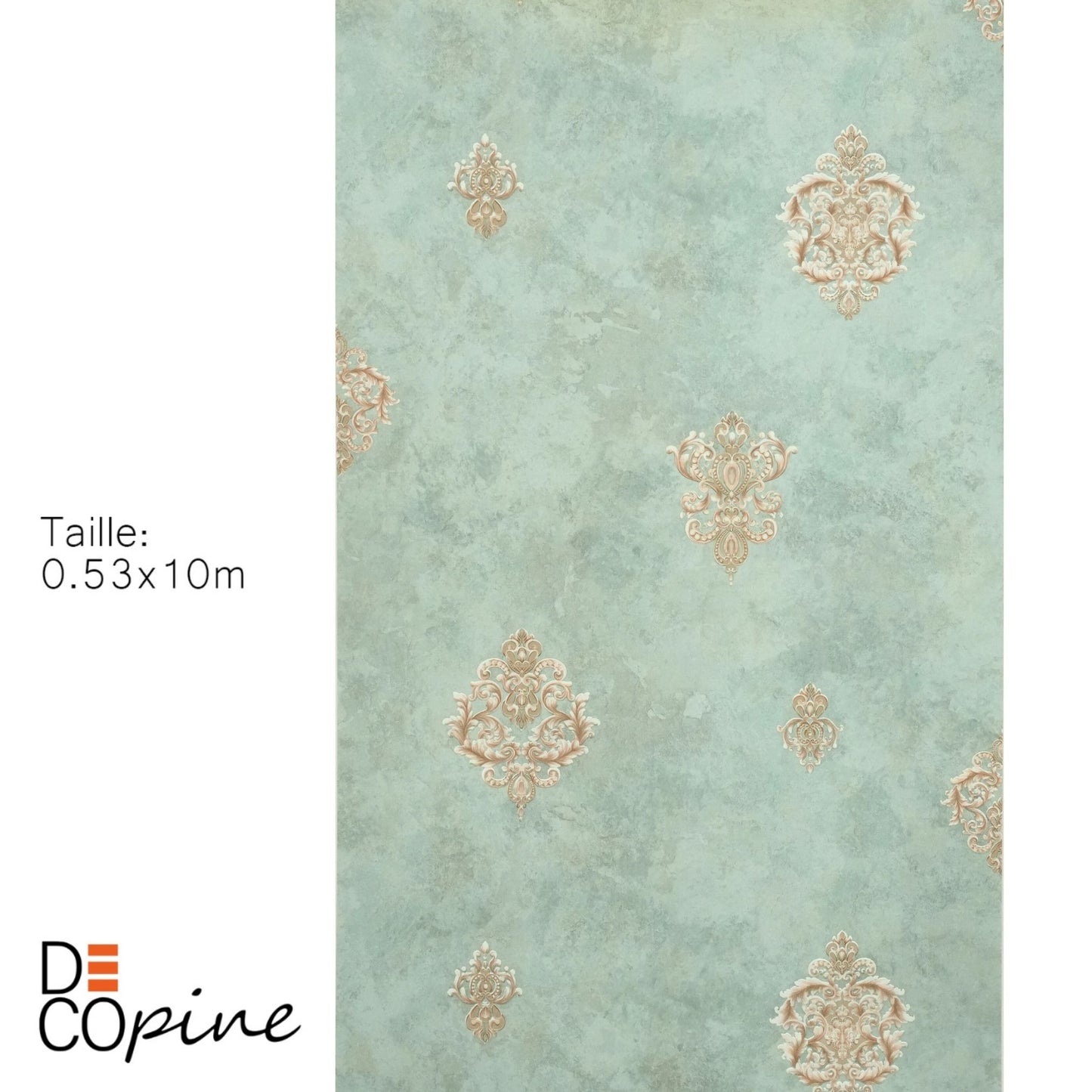 Decopine Imperium Luxe Vliestapete – Goldmedaillon auf Salbeigrün – 0,53 x 10 m – Ohne Kleber