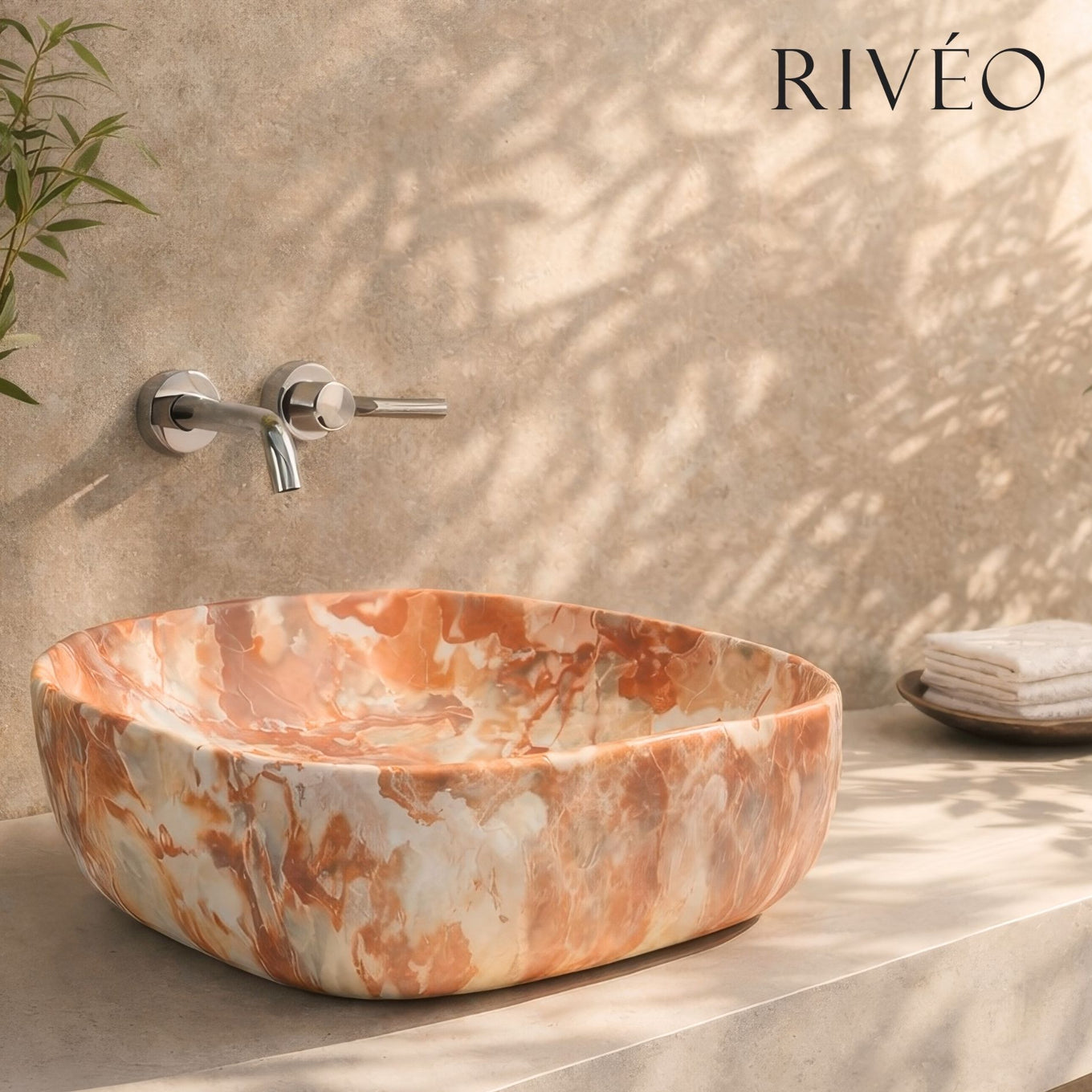 Terracotta Marble Effect Round Edged Square Countertop Basin RIVÉO – 425 × 425 mm – With Drain