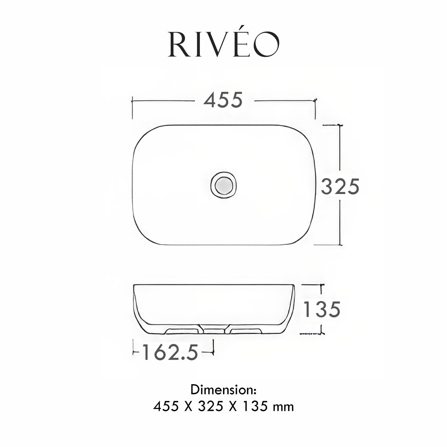 Vasque à Poser Carrée Arrondie RIVÉO – 455 × 325 mm – Avec Bonde