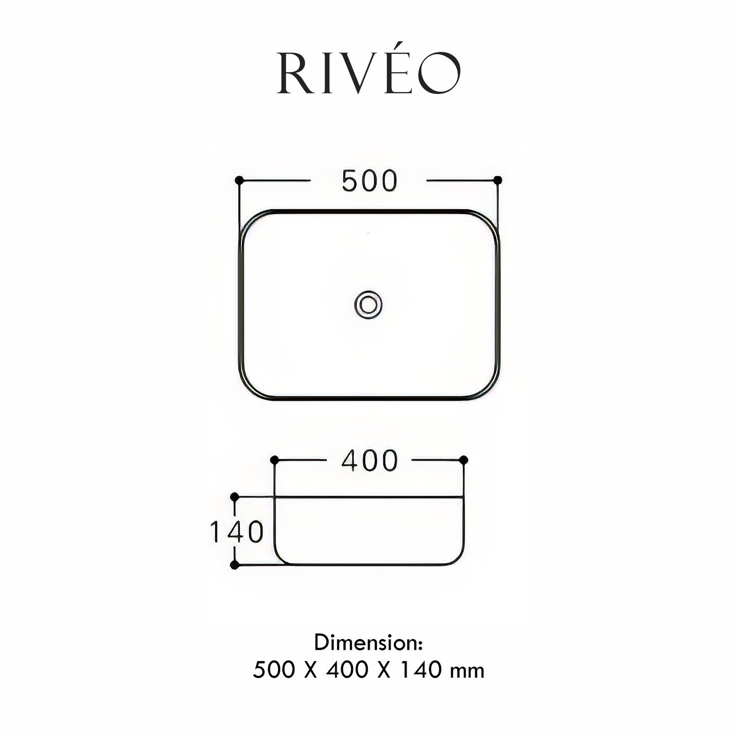 Vasque à Poser Carrée Arrondie RIVÉO – 500 × 400 mm – Avec Bonde