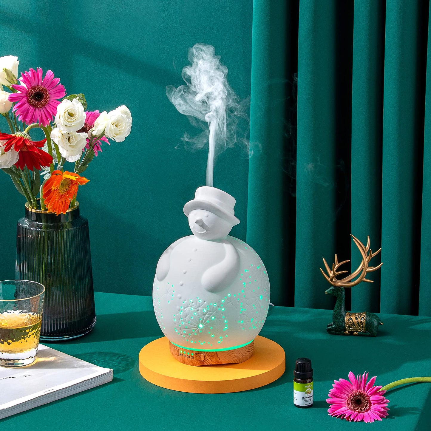 DecopineⓇ Diffusor für ätherische Öle – Schneemann-Design aus Keramik – LED-Luftbefeuchter (24 cm)