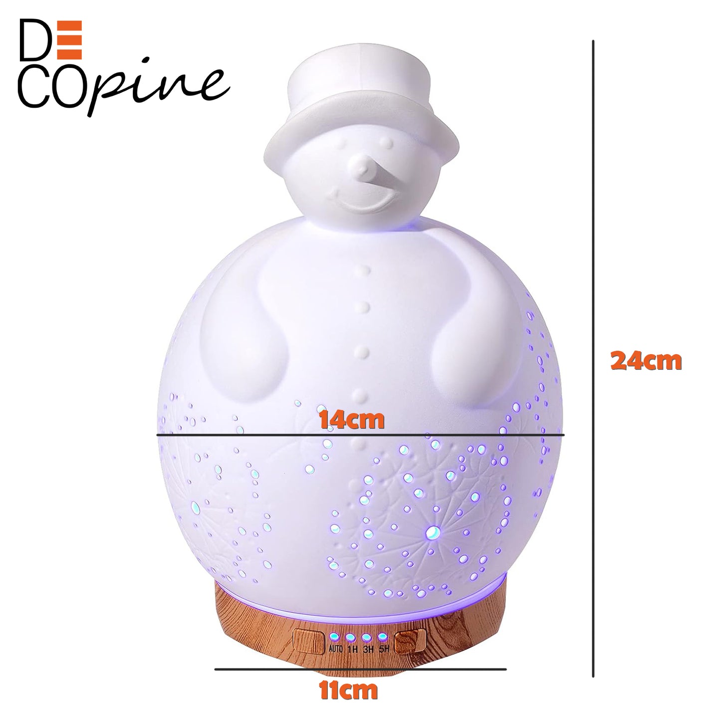 DecopineⓇ Diffusor für ätherische Öle – Schneemann-Design aus Keramik – LED-Luftbefeuchter (24 cm)