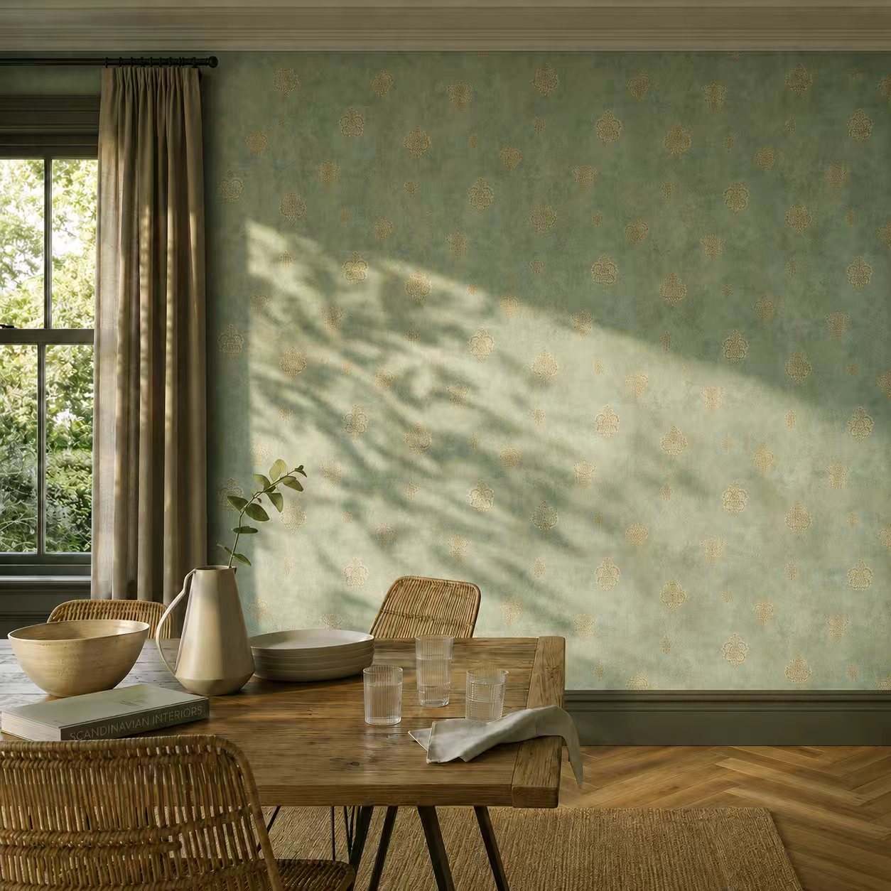 Non-Woven Wallpaper Imperium Luxe – Gold Medallion on Sage Green – 0.53 x 10m