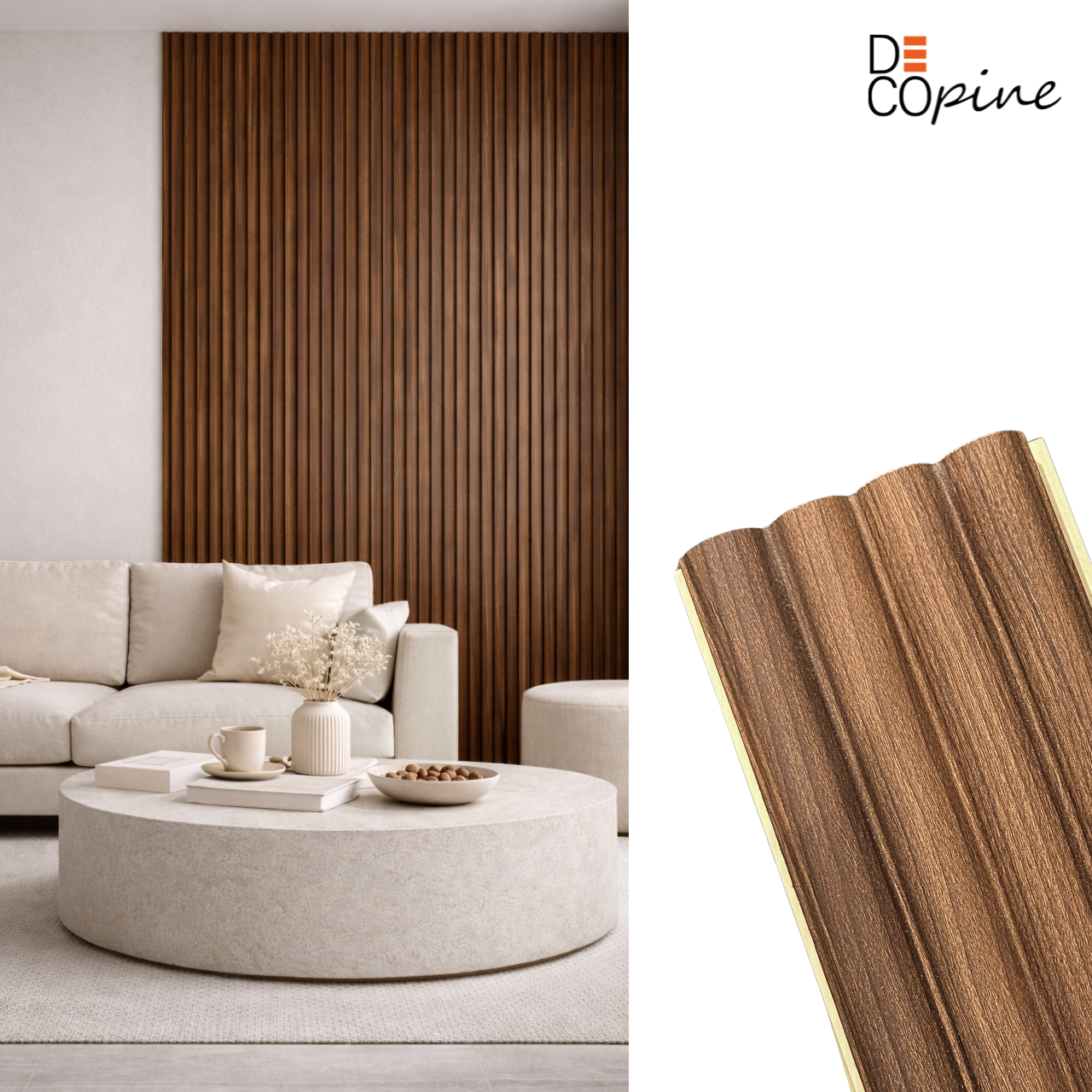 Decorative panels with half-cylindrical slats – Bamboo fiber composite – Dark brown – 140 cm (Set of 2)
