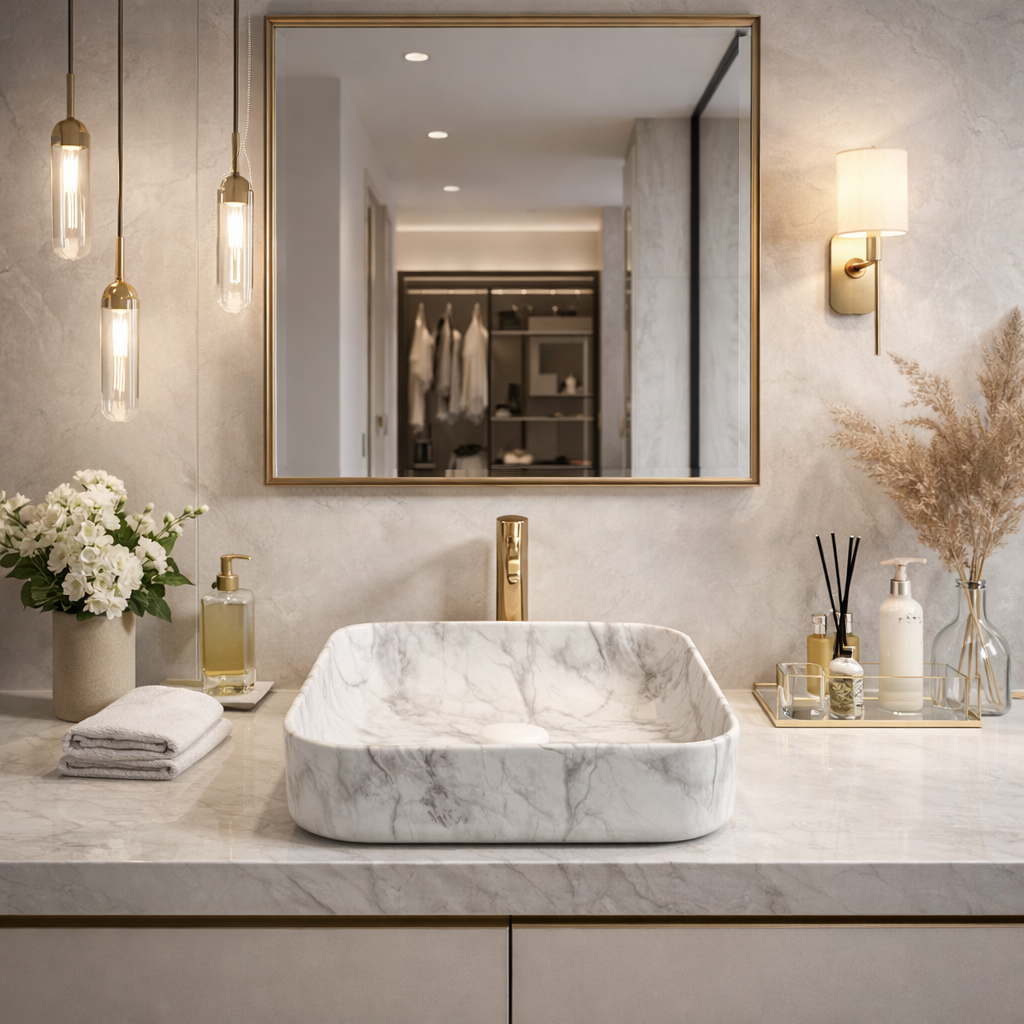 Vasque à Poser Carrée Arrondie Marbre Blanc Veiné Gris RIVÉO – 395 × 395 mm – Avec Bonde