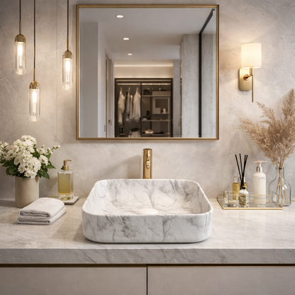 Vasque à Poser Carrée Arrondie Marbre Blanc Veiné Gris RIVÉO – 395 × 395 mm – Avec Bonde