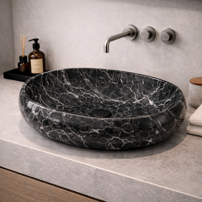 Vasque à Poser Ovale Effet Marbre Noir RIVÉO – 600 × 400 mm – Avec Bonde