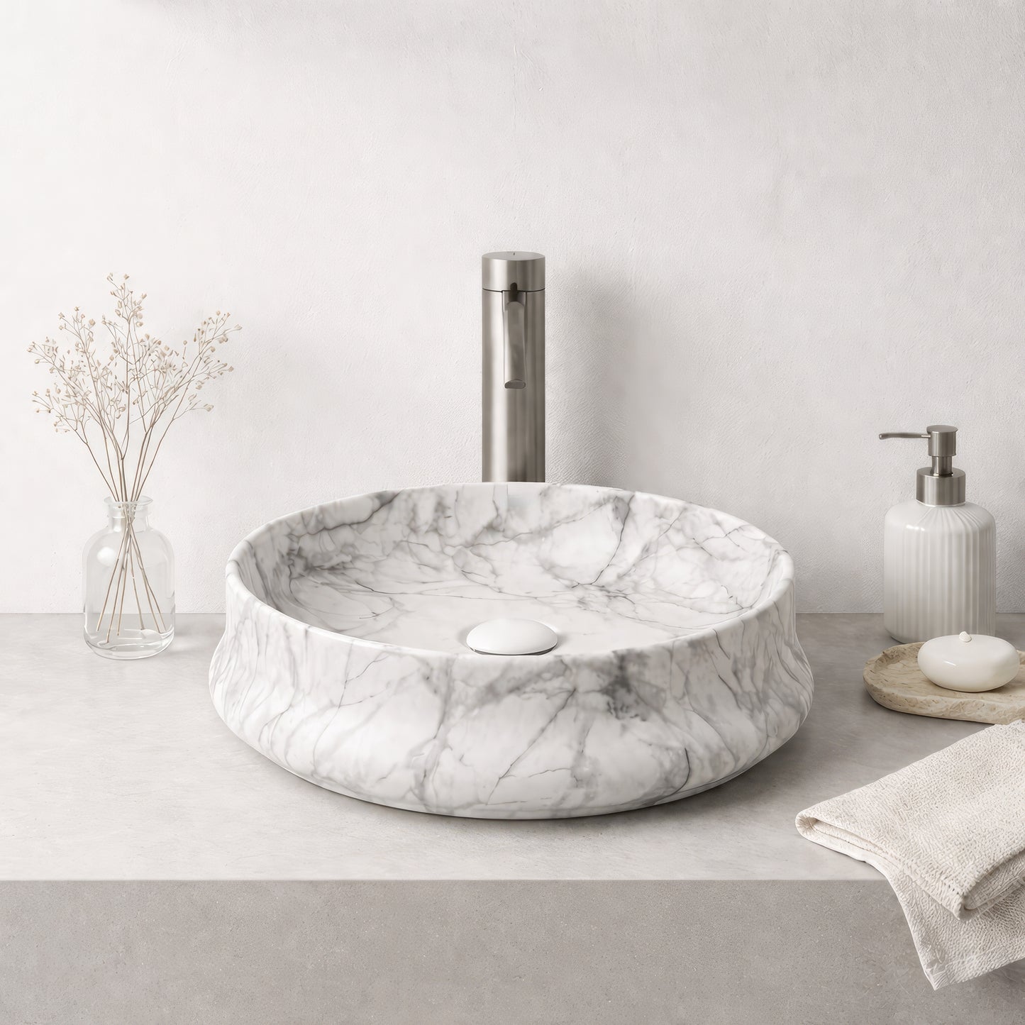 Vasque à Poser Ronde Effet Marbre Blanc RIVÉO – 455 × 455 mm – Avec Bonde