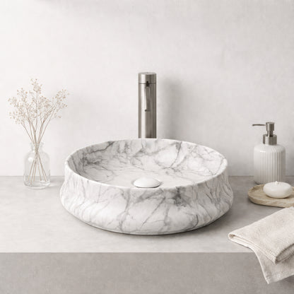 Vasque à Poser Ronde Effet Marbre Blanc RIVÉO – 455 × 455 mm – Avec Bonde