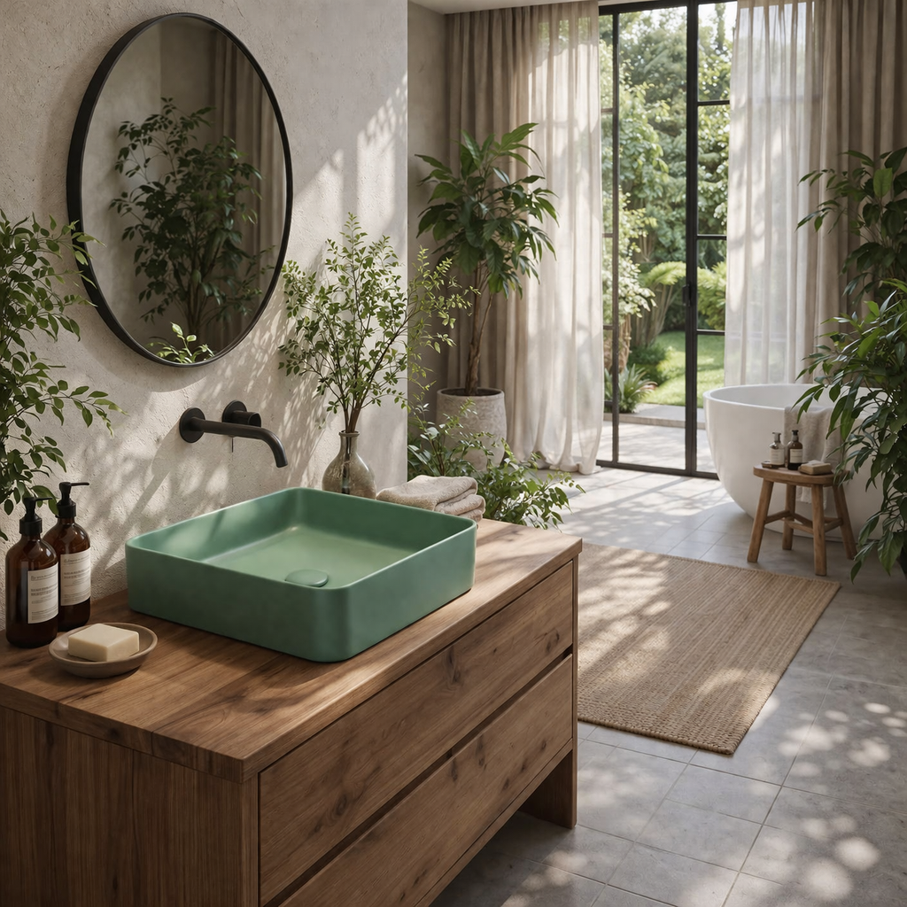 Vasque à Poser Carrée Arrondie Vert Olive RIVÉO – 365 × 365 mm – Avec Bonde