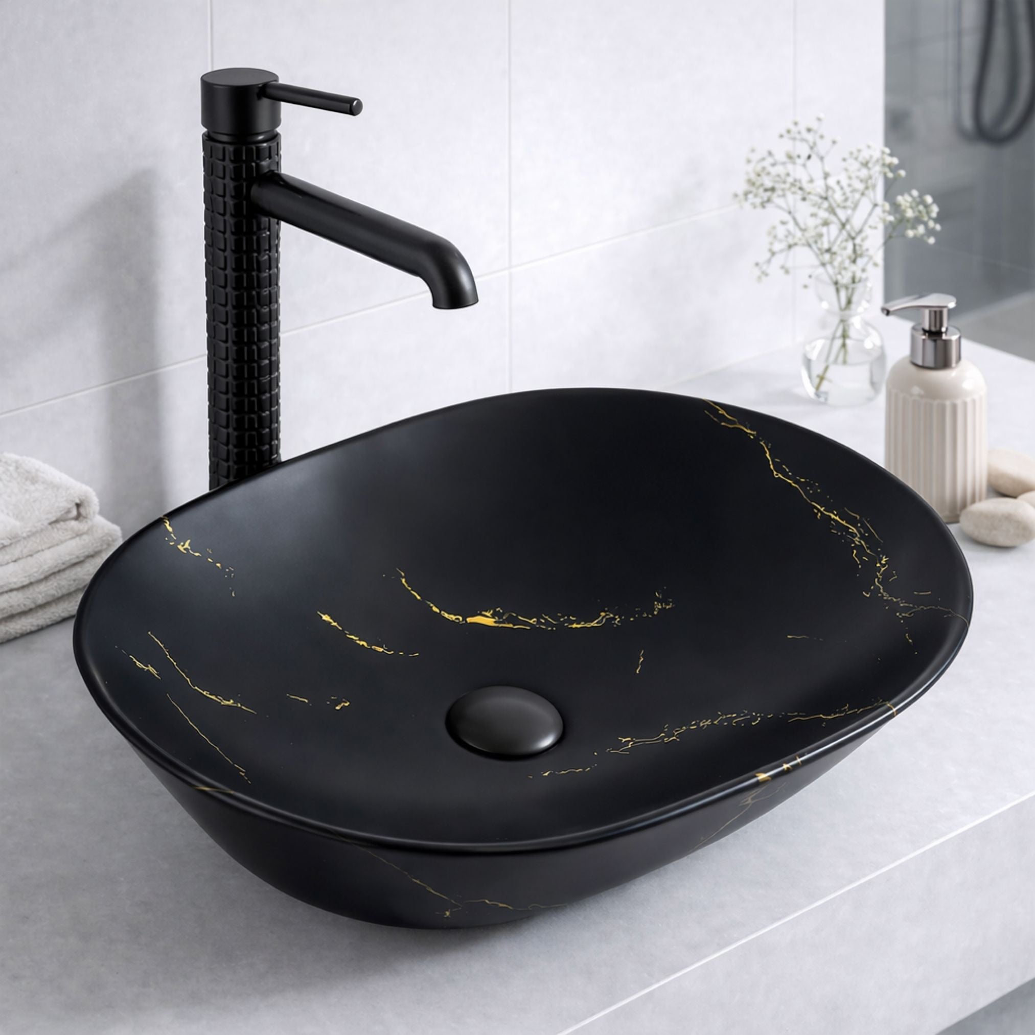 RIVÉO Oval Black Veined Gold Marble Countertop Basin – 590 × 425 mm – With Waste