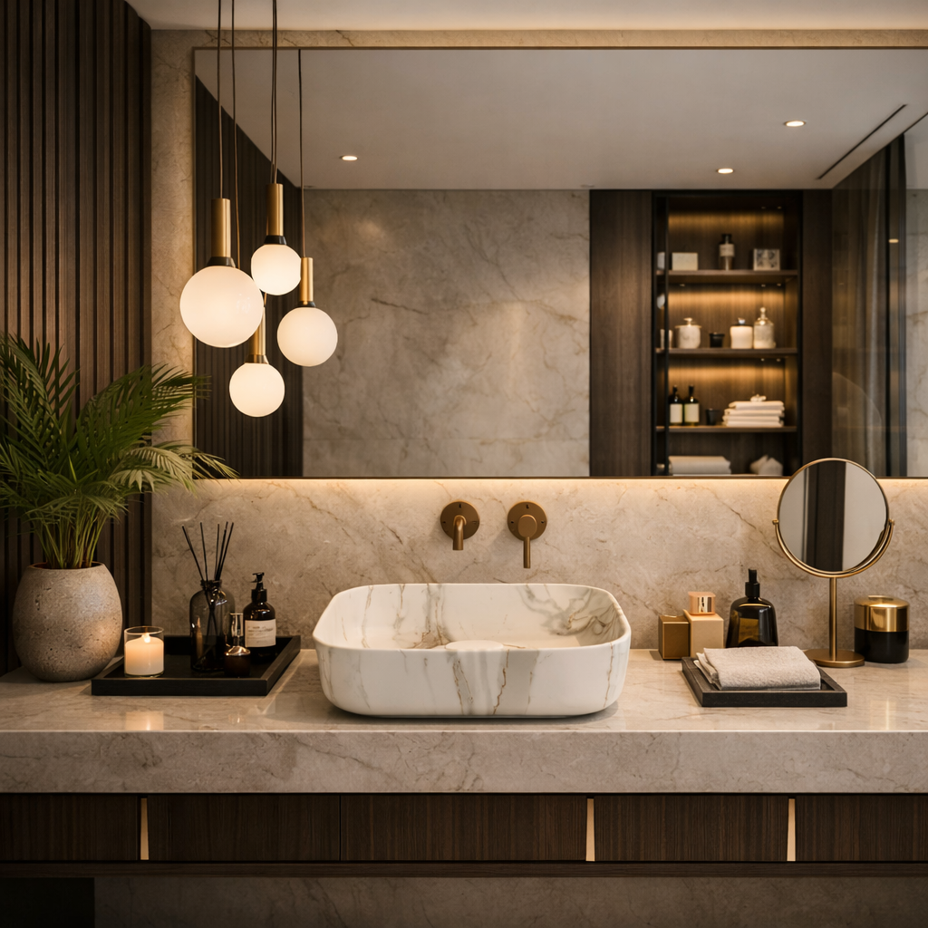 Vasque à Poser Carrée Arrondie Effet Marbre Blanc RIVÉO – 395 × 395 mm – Avec Bonde