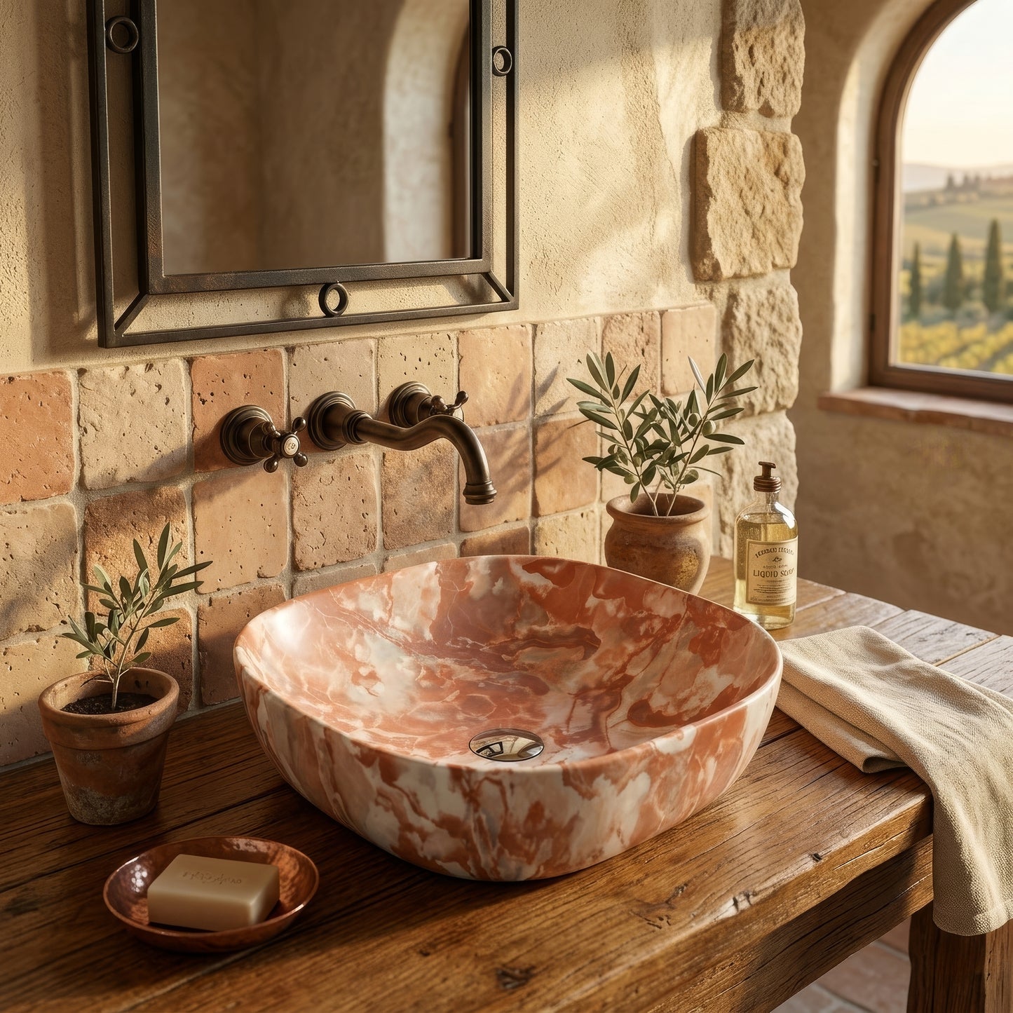 Vasque à Poser Carrée Arrondie Effet Marbre Terracotta RIVÉO – 425 × 425 mm – Avec Bonde