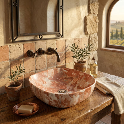 Vasque à Poser Carrée Arrondie Effet Marbre Terracotta RIVÉO – 425 × 425 mm – Avec Bonde