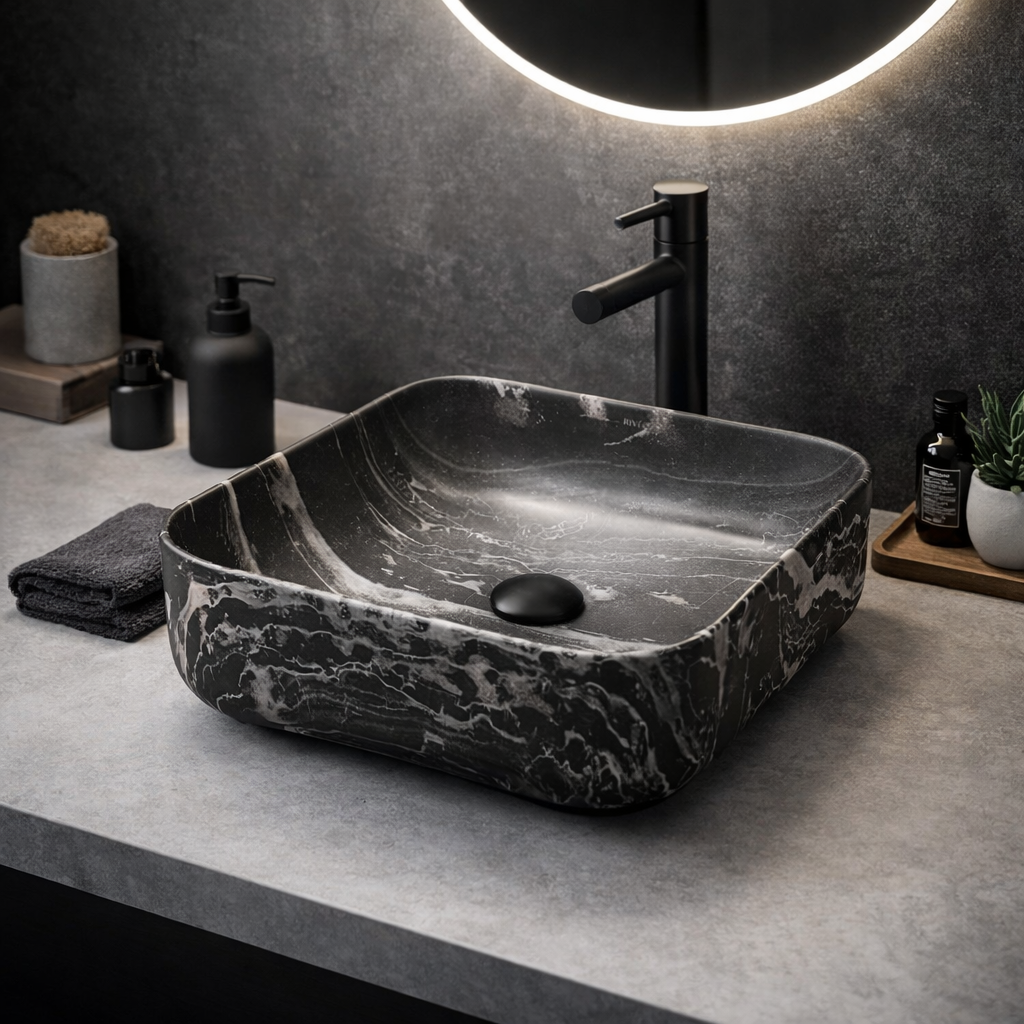 Vasque à Poser Carrée Arrondie Effet Marbre Noir RIVÉO – 395 × 395 mm – Avec Bonde