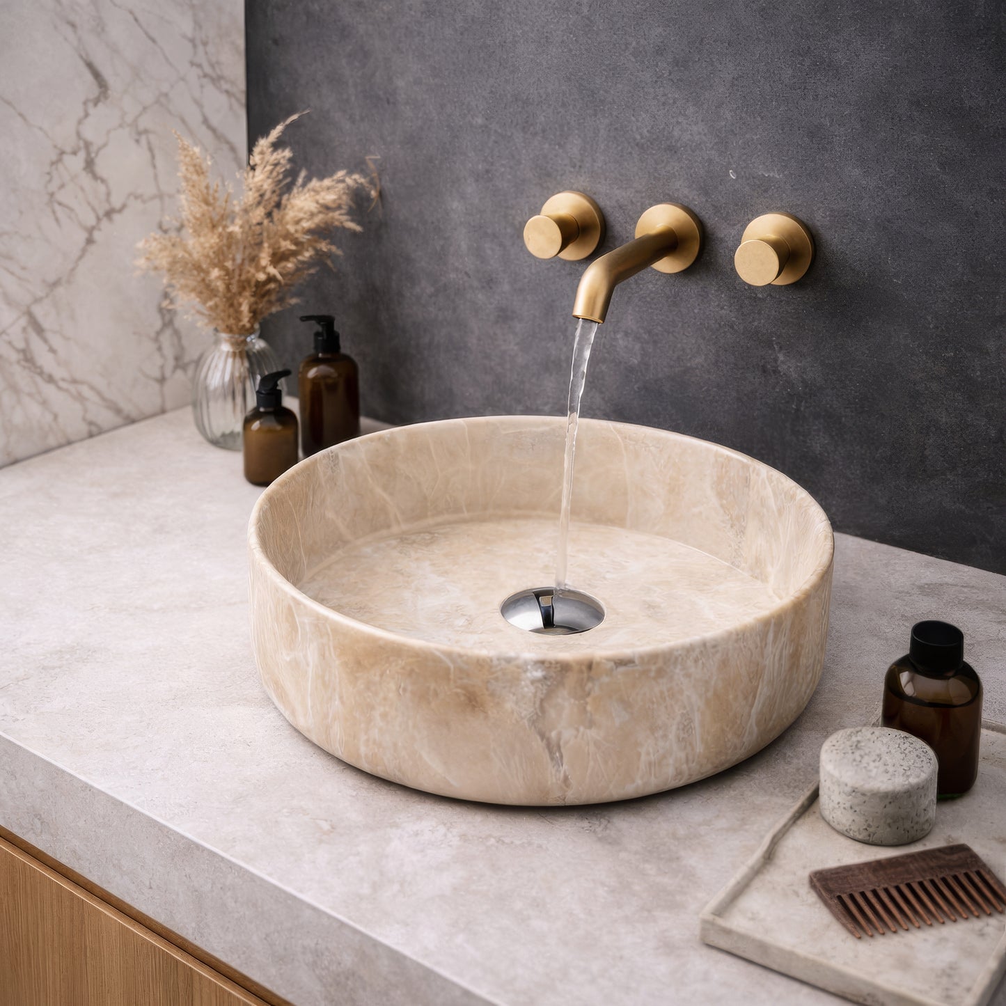 Vasque à Poser Ronde Effet Marbre Beige RIVÉO – 360 × 360 mm – Avec Bonde