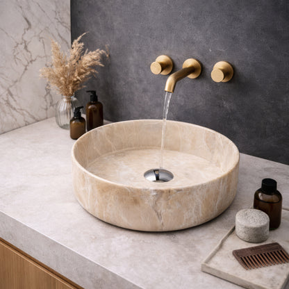 Vasque à Poser Ronde Effet Marbre Beige RIVÉO – 360 × 360 mm – Avec Bonde