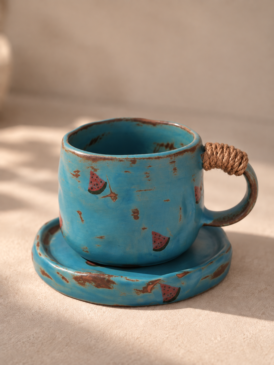 Tasse à café artisanale en céramique bleu turquoise motif pastèque avec soucoupe – 270 ml