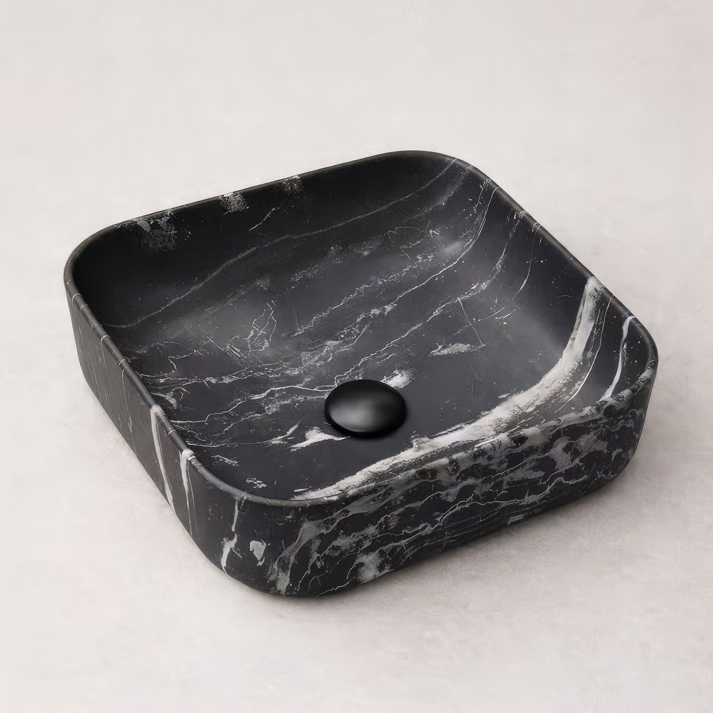 Vasque à Poser Carrée Arrondie Effet Marbre Noir RIVÉO – 395 × 395 mm – Avec Bonde