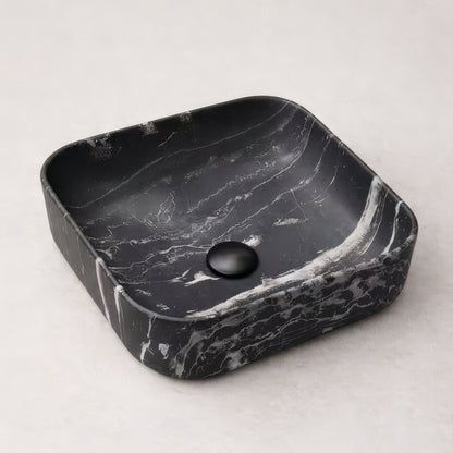 Vasque à Poser Carrée Arrondie Effet Marbre Noir RIVÉO – 395 × 395 mm – Avec Bonde