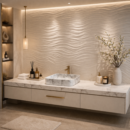 Vasque à Poser Carrée Arrondie Marbre Blanc Veiné Gris RIVÉO – 395 × 395 mm – Avec Bonde
