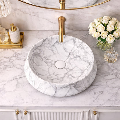 Vasque à Poser Ronde Effet Marbre Blanc RIVÉO – 455 × 455 mm – Avec Bonde