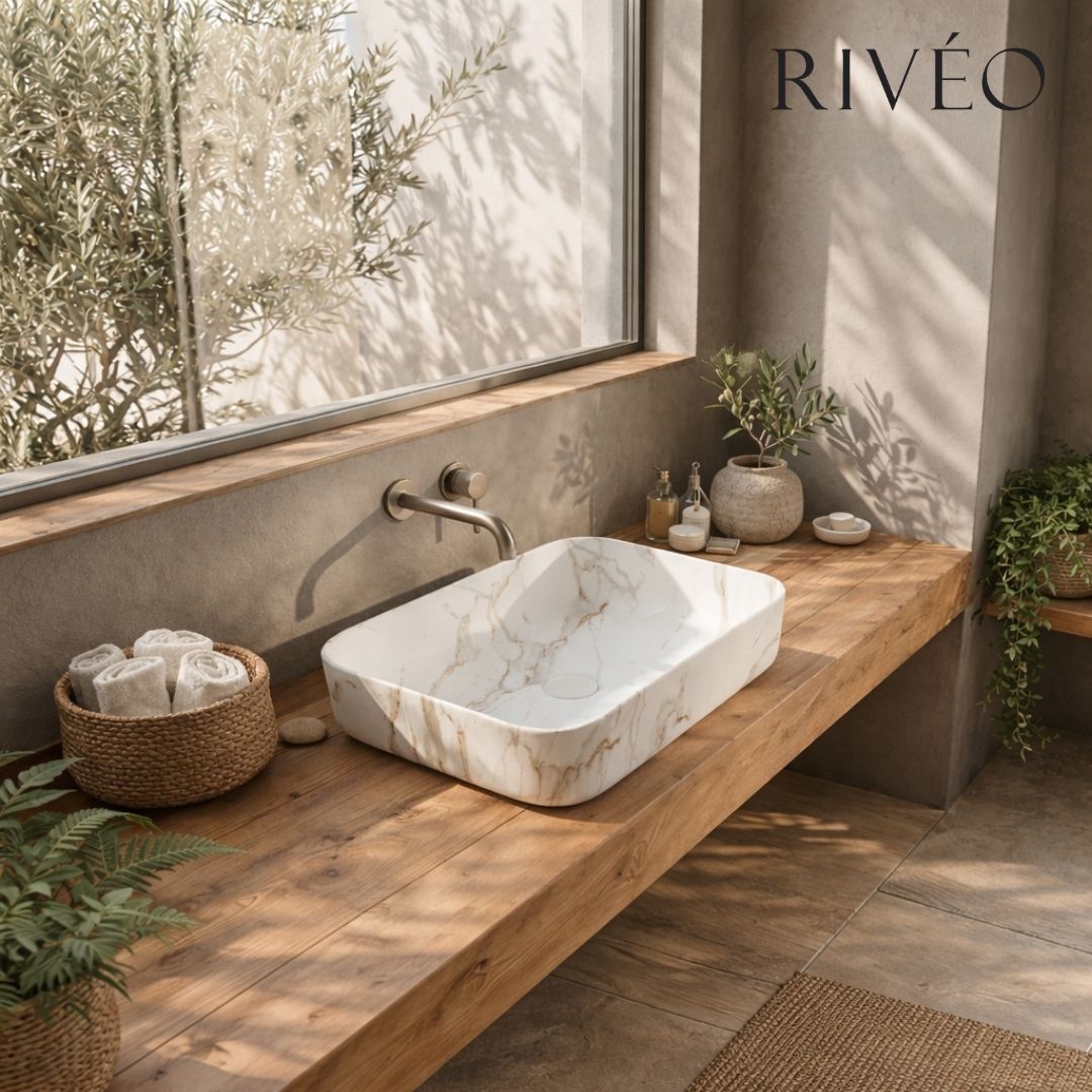 RIVEO Rounded Rectangular White Veined Gold Countertop Basin – 500 × 390 mm – With Drain