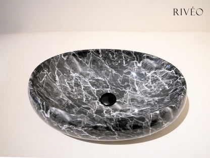 Vasque à Poser Ovale Effet Marbre Noir RIVÉO – 600 × 400 mm – Avec Bonde