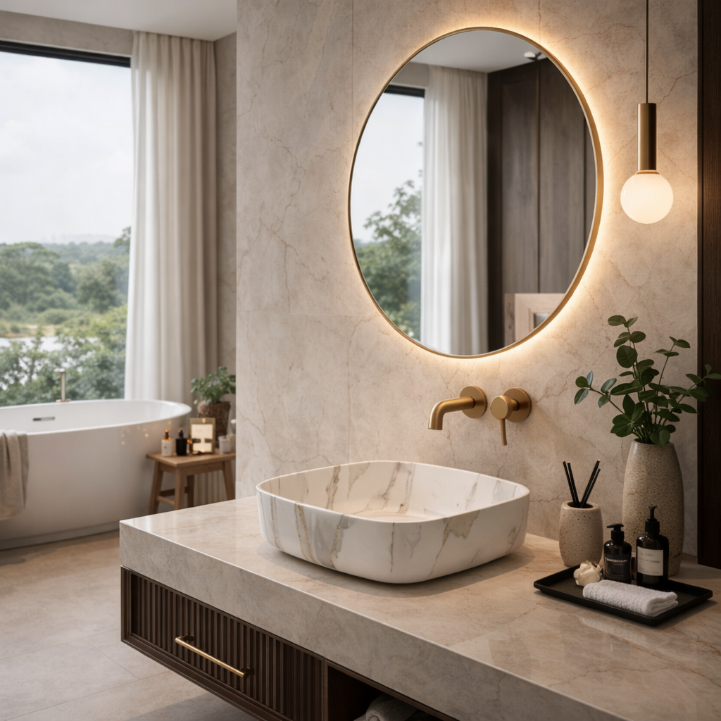 Vasque à Poser Carrée Arrondie Effet Marbre Blanc RIVÉO – 395 × 395 mm – Avec Bonde