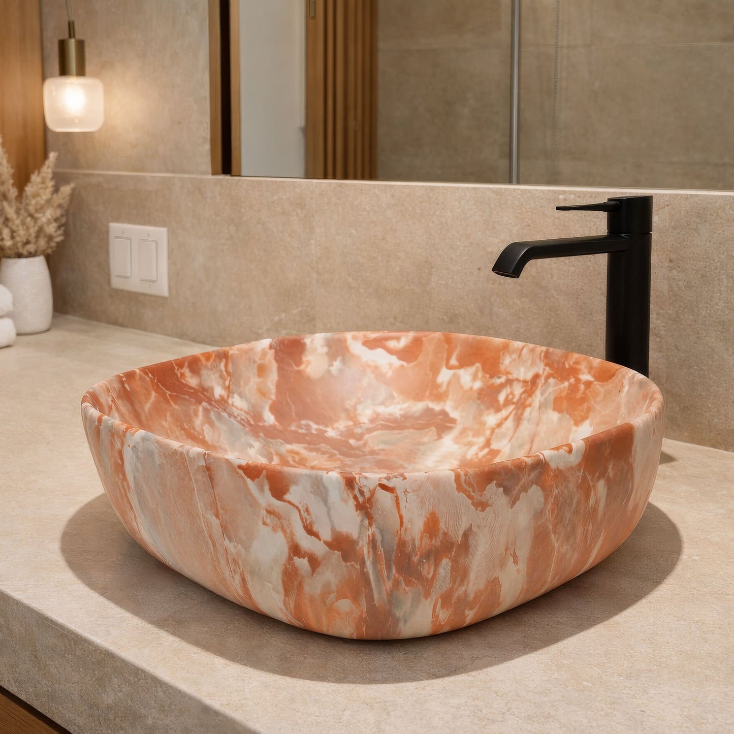 Vasque à Poser Carrée Arrondie Effet Marbre Terracotta RIVÉO – 425 × 425 mm – Avec Bonde