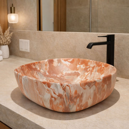 Vasque à Poser Carrée Arrondie Effet Marbre Terracotta RIVÉO – 425 × 425 mm – Avec Bonde
