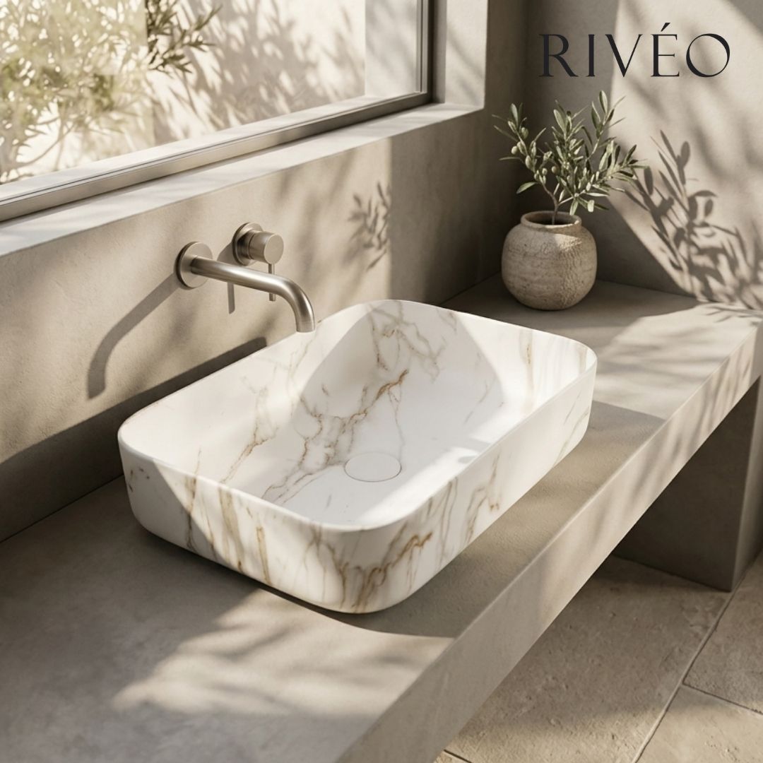 RIVEO Rounded Rectangular White Veined Gold Countertop Basin – 500 × 390 mm – With Drain