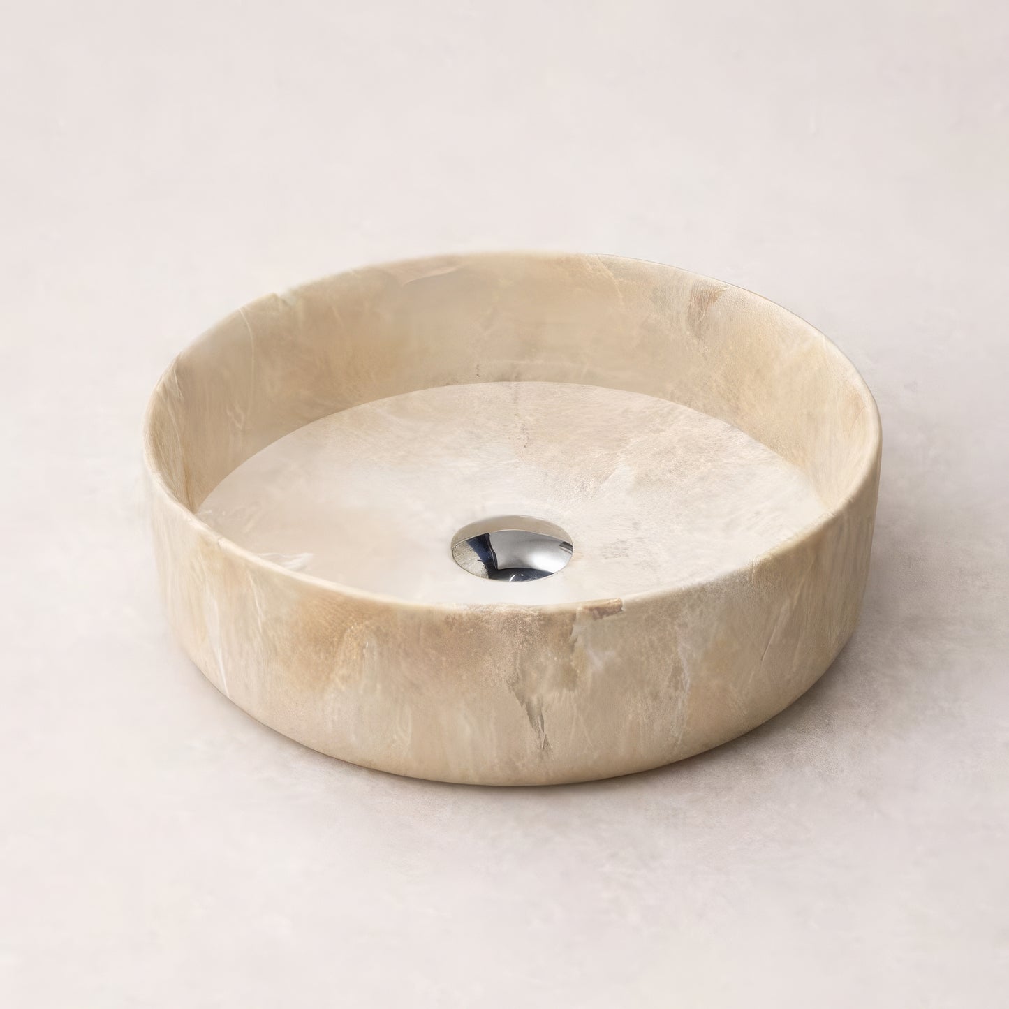 Vasque à Poser Ronde Effet Marbre Beige RIVÉO – 360 × 360 mm – Avec Bonde
