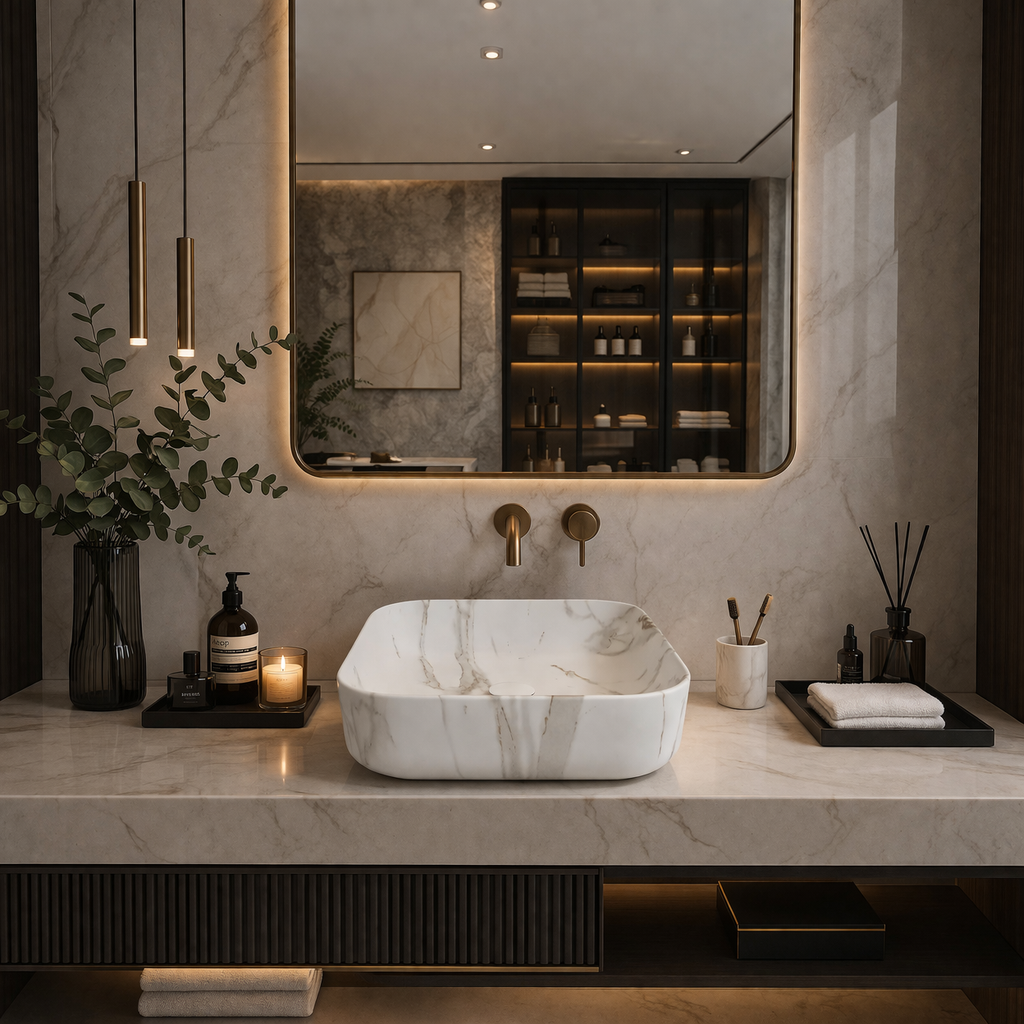 Vasque à Poser Carrée Arrondie Effet Marbre Blanc RIVÉO – 395 × 395 mm – Avec Bonde
