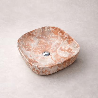 Vasque à Poser Carrée Arrondie Effet Marbre Terracotta RIVÉO – 425 × 425 mm – Avec Bonde