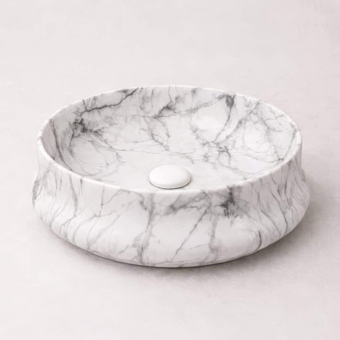 Vasque à Poser Ronde Effet Marbre Blanc RIVÉO – 455 × 455 mm – Avec Bonde