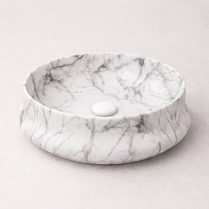 Vasque à Poser Ronde Effet Marbre Blanc RIVÉO – 455 × 455 mm – Avec Bonde