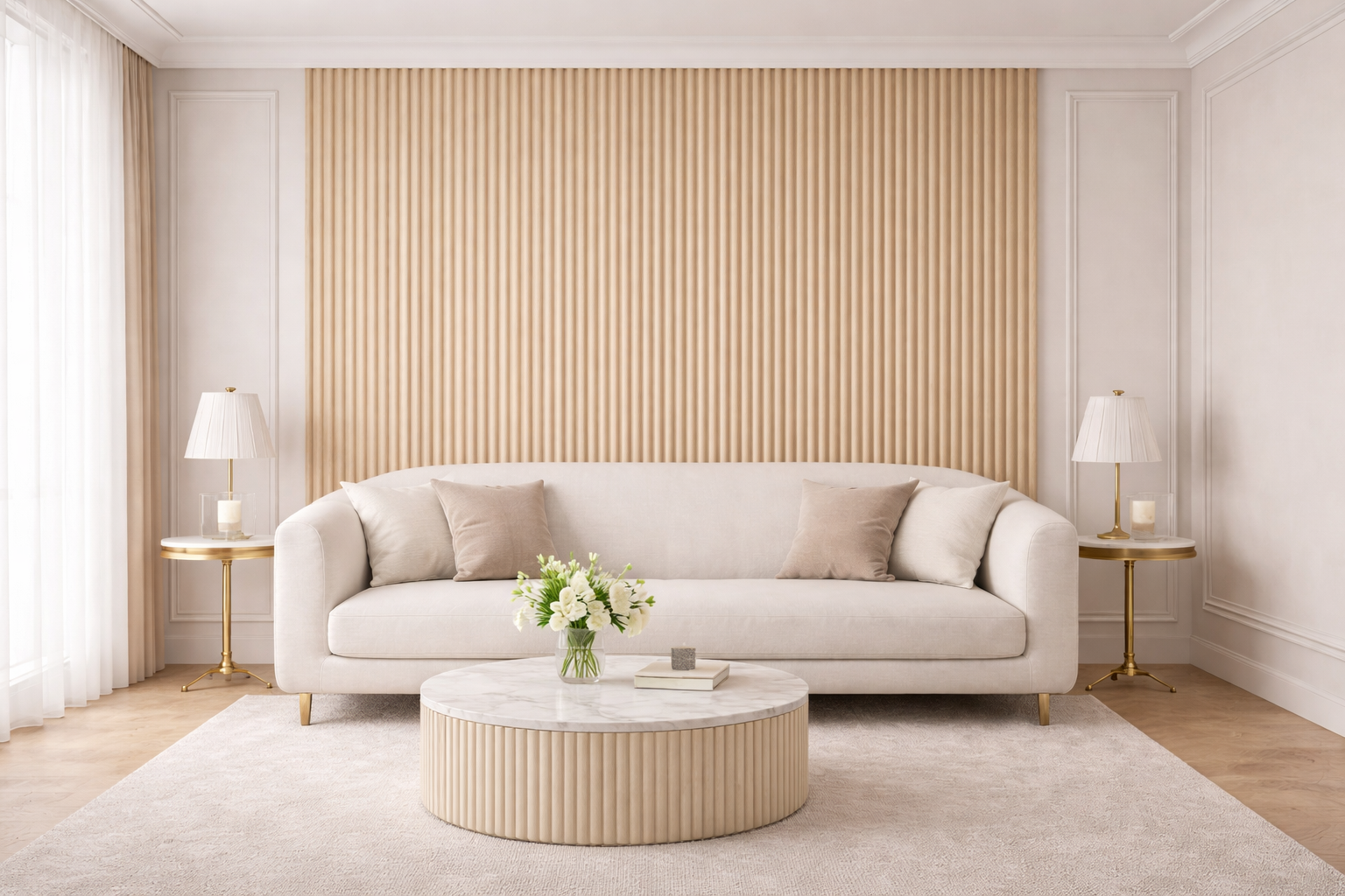 Decorative panels with half-cylindrical slats – Bamboo fiber composite – Light wood – 140 cm (Set of 2)
