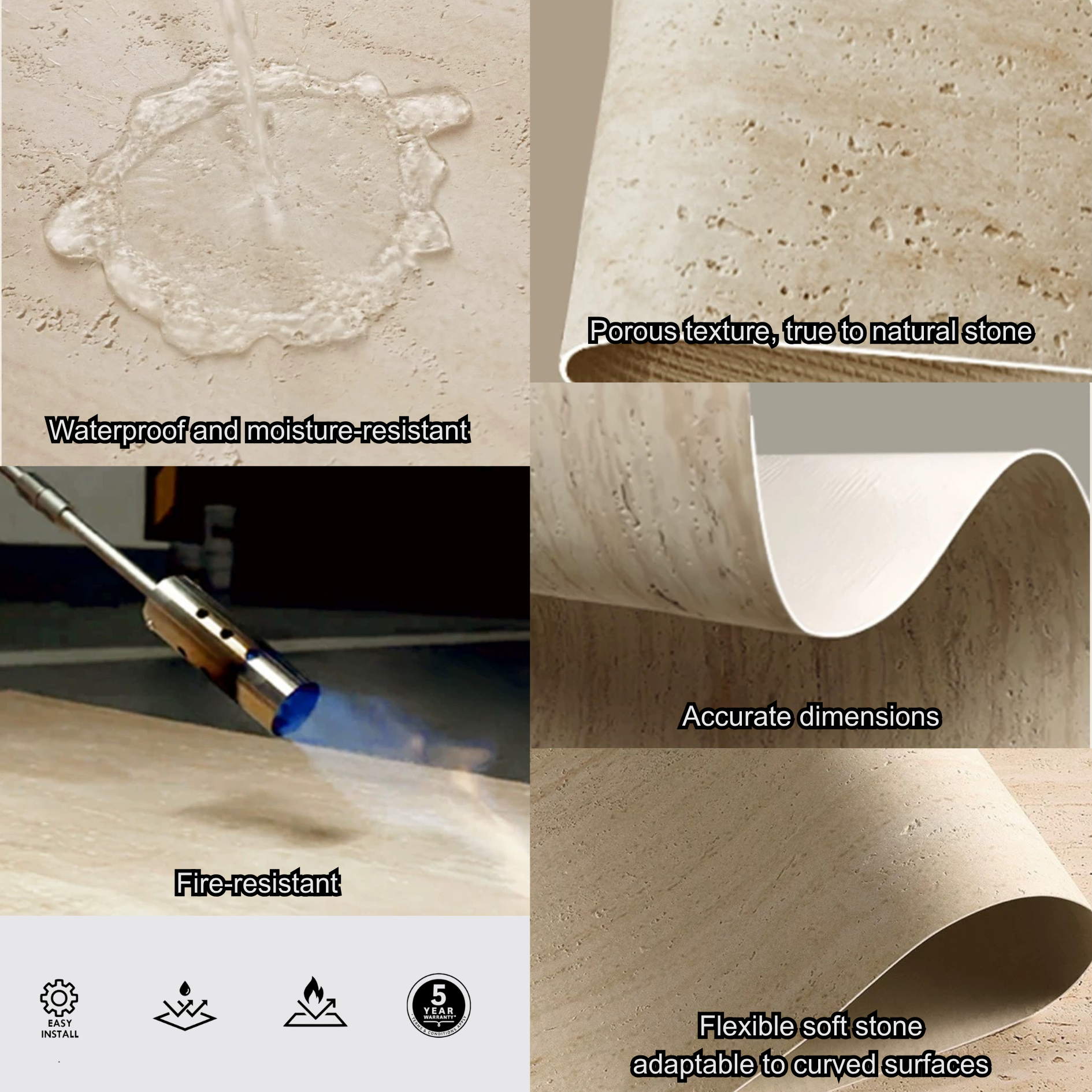 Flexible Wall Panel – Beige Travertine Effect – 60x120 cm – Set of 4 – B01TBMX