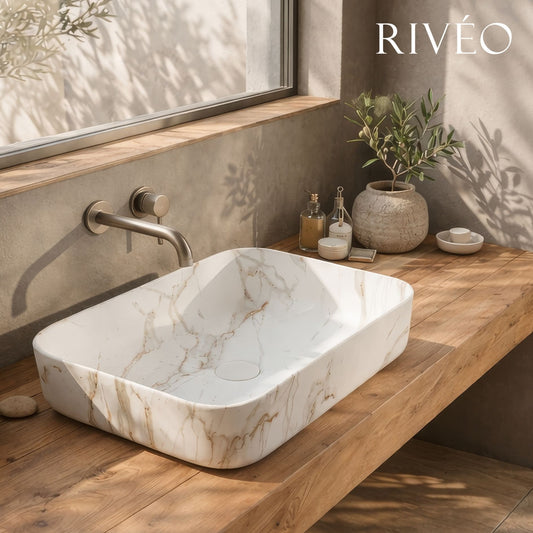Vasque à Poser Rectangulaire Arrondie Blanc Veiné Or RIVÉO – 500 × 390 mm – Avec Bonde