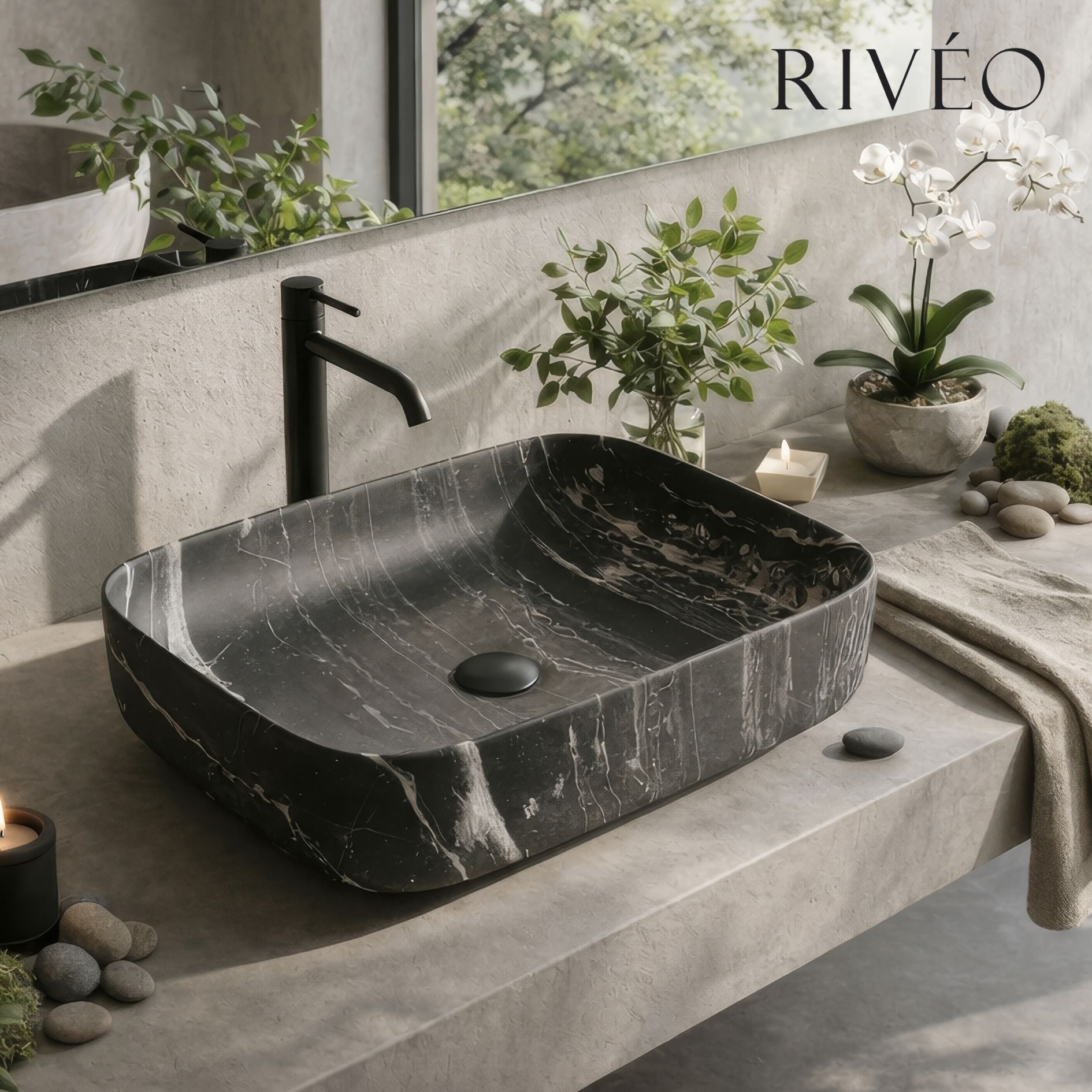 RIVÉO Rectangular Black with White Veins Countertop Basin - 500 x 390 mm - With Drain