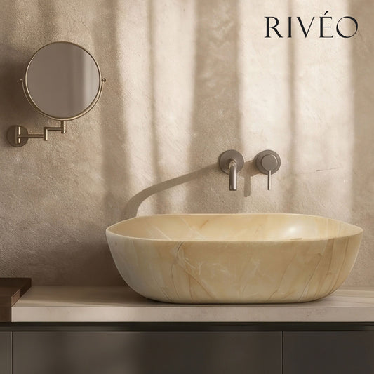 Vasque à Poser Ovale Beige Marbre Nuancé RIVÉO – 590 × 410 mm – Avec Bonde