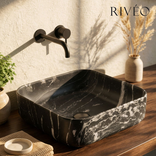 Vasque à Poser Carrée Arrondie Effet Marbre Noir RIVÉO – 395 × 395 mm – Avec Bonde