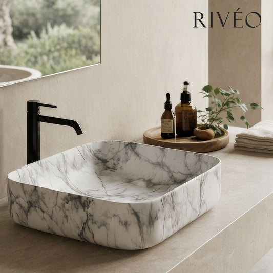 Vasque à Poser Carrée Arrondie Marbre Blanc Veiné Gris RIVÉO – 395 × 395 mm – Avec Bonde