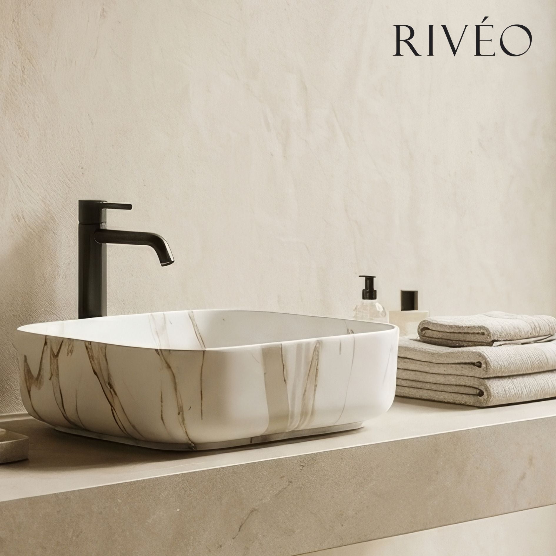 Vasque à Poser Carrée Arrondie Effet Marbre Blanc RIVÉO – 395 × 395 mm – Avec Bonde