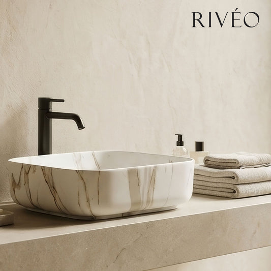 Vasque à Poser Carrée Arrondie Effet Marbre Blanc RIVÉO – 395 × 395 mm – Avec Bonde