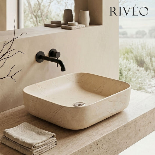 Vasque à Poser Carrée Arrondie Beige Marbre Nuancé RIVÉO – 395 × 395 mm – Avec Bonde