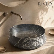 Round Countertop Basin Black Veined White RIVÉO – Ø455 mm – With Drain