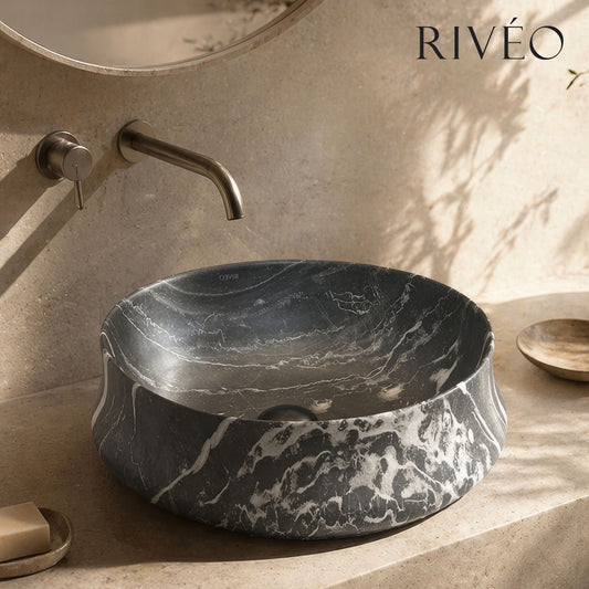 Vasque à Poser Ronde Noir Veiné Blanc RIVÉO – Ø455 mm – Avec Bonde
